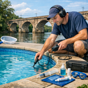 Man testing swimming pool water quality with electronic equipment near an old stone bridge in New Jersey.