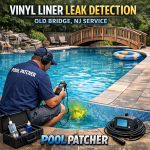 Technician inspecting a vinyl pool liner for leaks at a residential pool in Old Bridge, NJ.