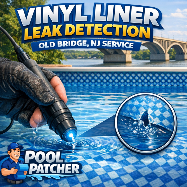 Technician inspecting and repairing a vinyl pool liner for leaks in an outdoor residential pool.