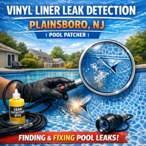 Technician inspecting vinyl pool liner for leaks during leak detection and repair service in Plainsboro, NJ.