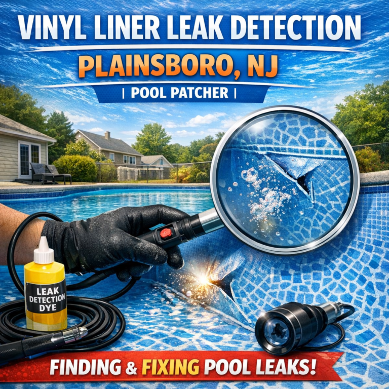 Technician inspecting vinyl pool liner for leaks during leak detection and repair service in Plainsboro, NJ.