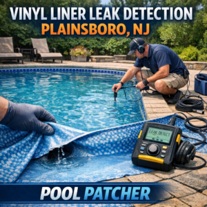 Technician inspecting a vinyl pool liner for leaks using specialized equipment in Plainsboro, NJ.