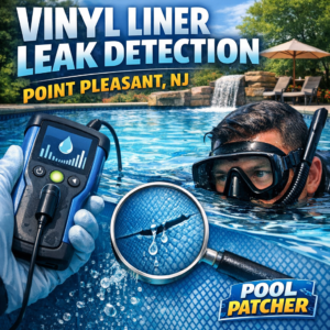 Technician using leak detection tools on a vinyl liner pool in Point Pleasant, NJ.