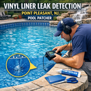 Technician inspecting a vinyl pool liner for leaks using specialized equipment in Point Pleasant, NJ.