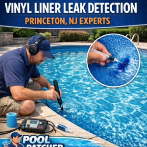Technician inspecting a swimming pool vinyl liner for leaks with specialized equipment in Princeton, NJ.