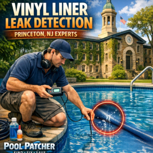 Technician inspecting a swimming pool vinyl liner for leaks using specialized detection equipment.