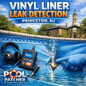 Technician using specialized tools to detect a vinyl liner leak in a residential pool in Princeton, NJ.