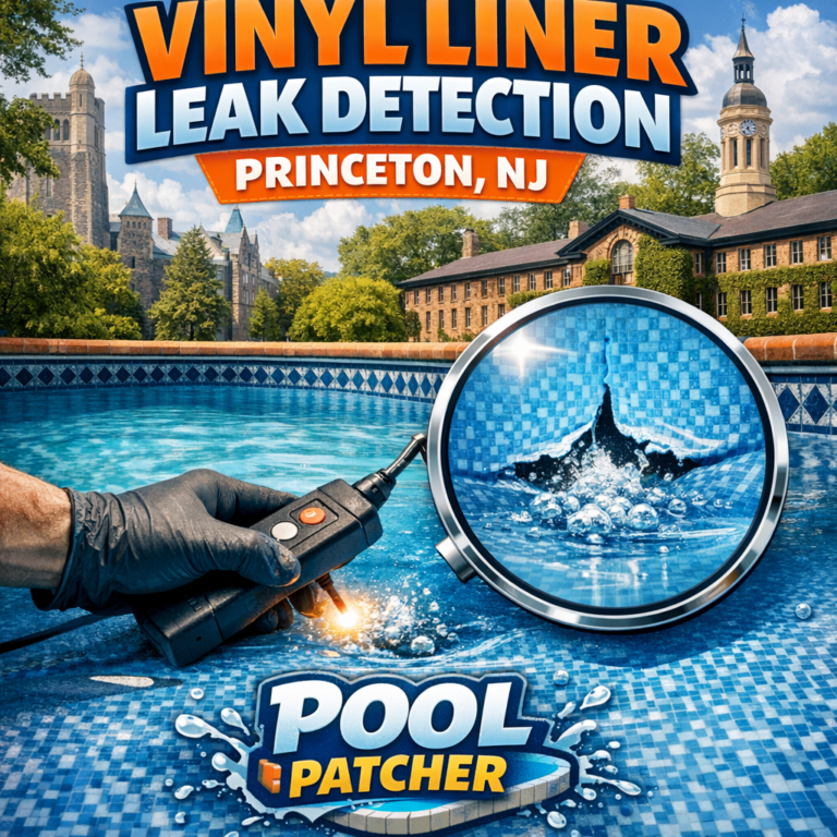 Technician inspecting a vinyl pool liner for leaks using specialized equipment in Princeton, NJ.
