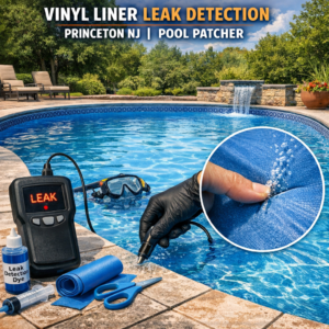 Technician using leak detection equipment to find a vinyl liner pool leak in Princeton, NJ.