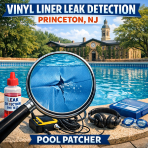 Close-up of a pool technician repairing a vinyl liner leak with patching tools in Princeton, NJ.