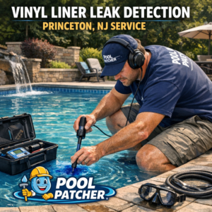 Technician using leak detection equipment on a vinyl pool liner in Princeton, NJ.
