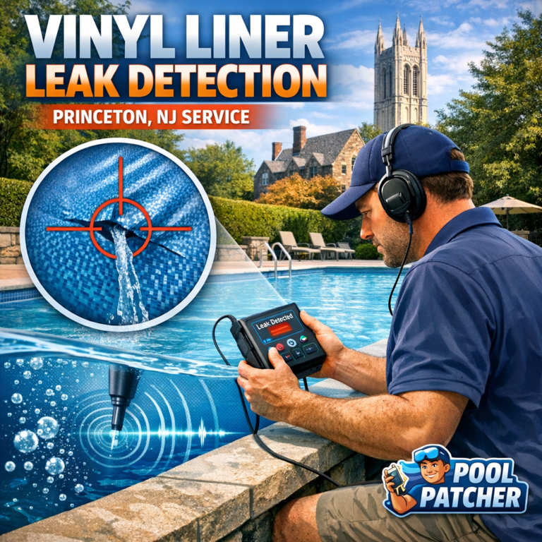 Technician performing vinyl liner leak detection in a residential pool using specialized equipment.