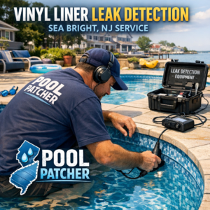 Technician inspecting a vinyl pool liner for leaks using specialized equipment in Sea Bright, NJ.