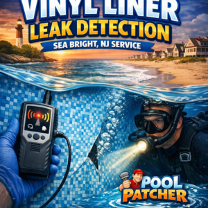 Technician performing vinyl liner leak detection on a pool in Sea Bright, NJ with specialized equipment.
