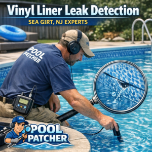 Technician inspecting and repairing a vinyl pool liner for leaks in Sea Girt, NJ swimming pool.
