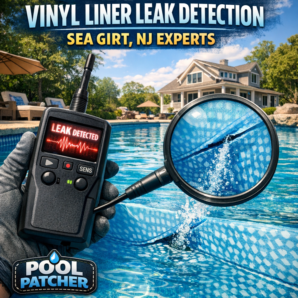 Pool technician inspecting a vinyl liner pool for leaks in Sea Girt, NJ with specialized detection equipment.