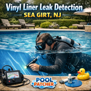Technician using leak detection equipment on a vinyl pool liner in Sea Girt, NJ.