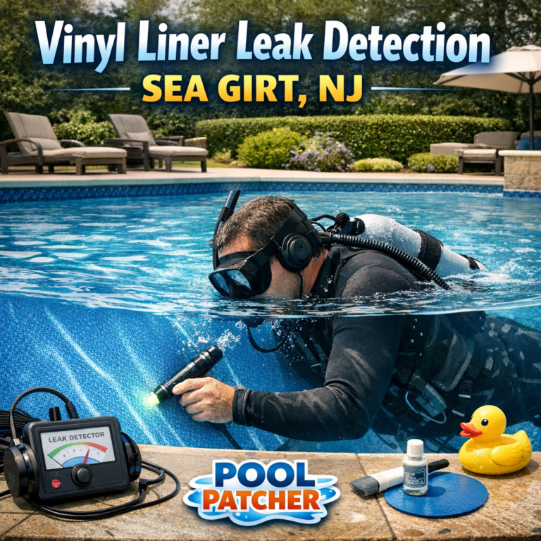 Technician using leak detection equipment on a vinyl pool liner in Sea Girt, NJ.