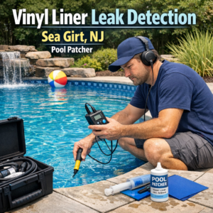 Technician using specialized equipment to detect leaks on a vinyl liner pool in Sea Girt, NJ.