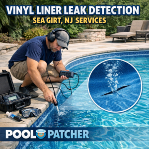 Technician detecting leaks in a vinyl pool liner using electronic equipment in Sea Girt, NJ.