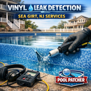 Technician using electronic equipment to detect leaks in a vinyl pool liner at a residential pool.
