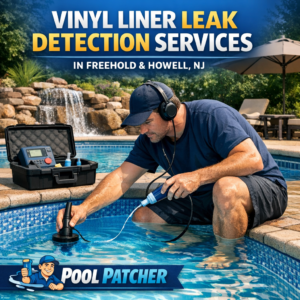 Technician inspecting a vinyl pool liner for leaks using specialized equipment outdoors.