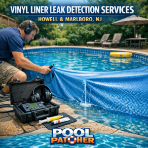 Technician inspecting a pool vinyl liner for leaks using specialized detection equipment.