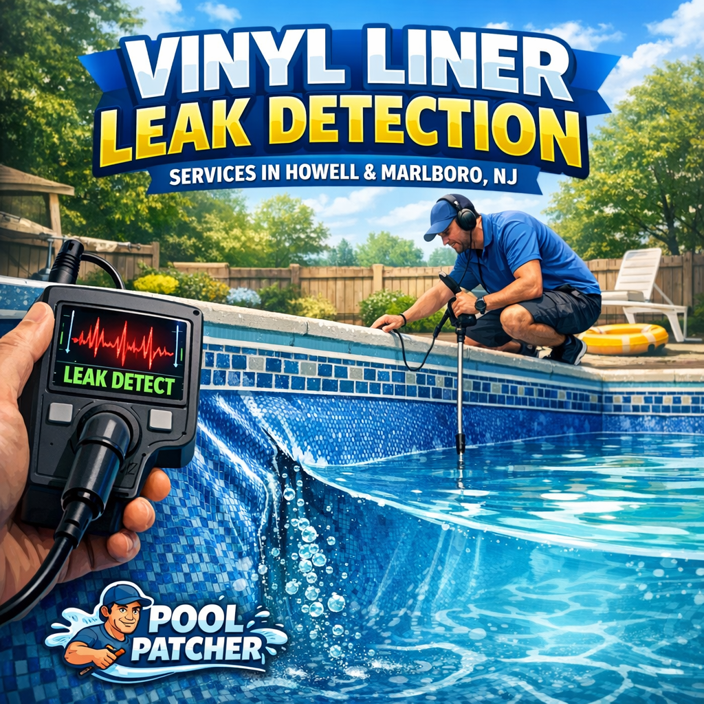 Technician inspecting a vinyl pool liner for leaks using specialized equipment outdoors.