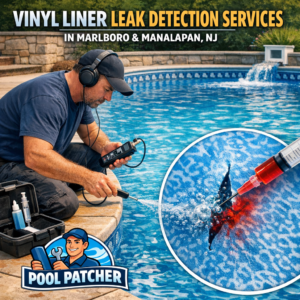 A swimming pool with a vinyl liner being inspected for leaks using specialized detection equipment.