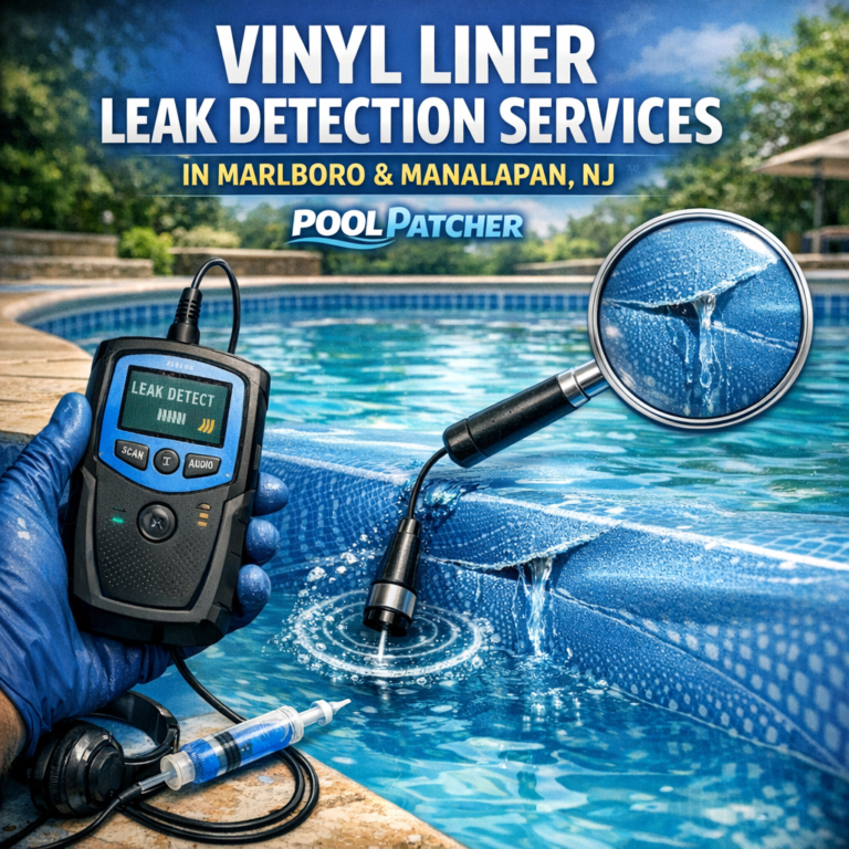 Technician inspecting a vinyl pool liner with leak detection equipment outdoors in Marlboro or Manalapan, NJ.