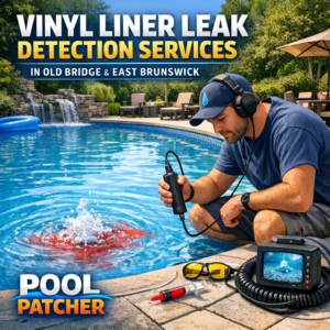 Technician using leak detection tools on a vinyl liner pool in a residential backyard.
