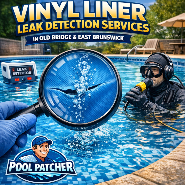Technician inspecting a vinyl pool liner with leak detection tools in a residential backyard pool.