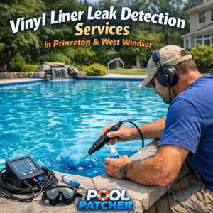 Technician using equipment to detect leaks in a vinyl liner pool in Princeton and West Windsor.