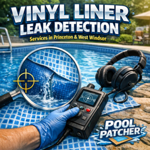 Technician inspecting a vinyl pool liner for leaks using electronic detection equipment.
