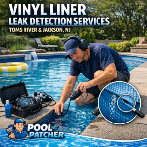 Technician inspecting a vinyl pool liner with leak detection equipment near Toms River, NJ.