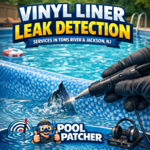 Technician inspecting a vinyl liner pool for leaks using detection equipment in a backyard.