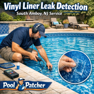 Technician inspecting a vinyl pool liner for leaks during a pool repair service in South Amboy, NJ.
