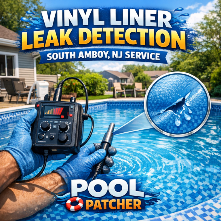 Technician inspecting a vinyl pool liner for leaks using specialized equipment in South Amboy, NJ.