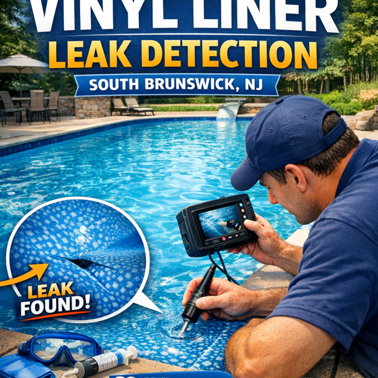 Technician uses specialized equipment to detect vinyl liner leak in South Brunswick NJ swimming pool.
