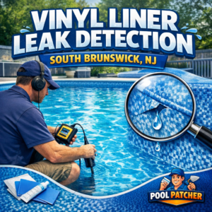 Technician inspecting a vinyl liner swimming pool for leaks using specialized equipment in South Brunswick, NJ.
