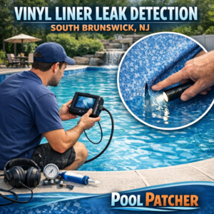 Technician inspecting a vinyl pool liner for leaks using specialized equipment in South Brunswick, NJ.