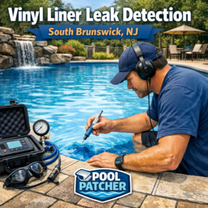 Technician inspecting a vinyl pool liner for leaks using specialized leak detection equipment.