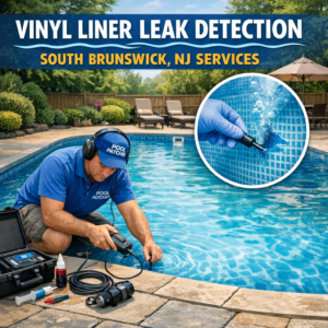 Technician inspecting a swimming pool vinyl liner for leaks with leak detection equipment in South Brunswick, NJ.