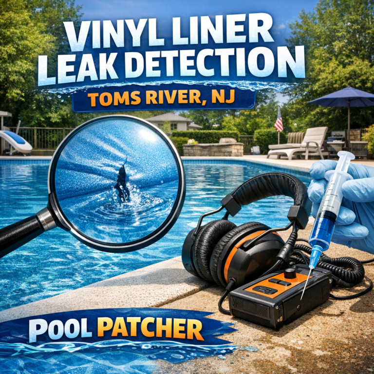 Technician inspecting a pool's vinyl liner for leaks using specialized equipment in Toms River, NJ.