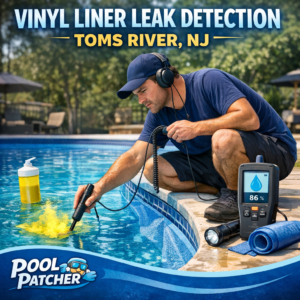 Technician in blue gloves uses a leak detection tool on a blue vinyl pool liner in Toms River, NJ.