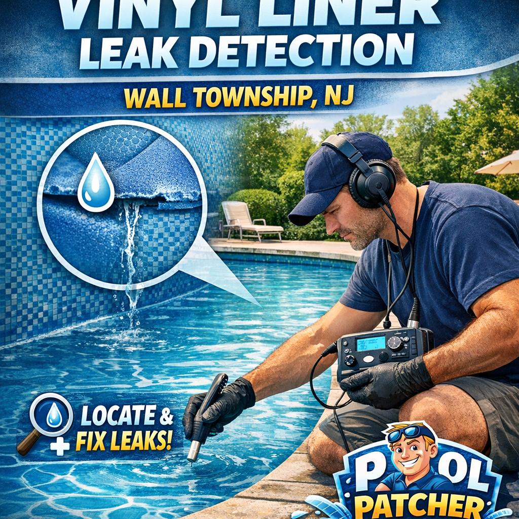 Technician inspecting a vinyl liner pool for leaks with specialized equipment in Wall Township, NJ.