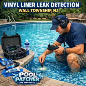 Technician inspecting a pool vinyl liner for leaks using specialized equipment in Wall Township, NJ.