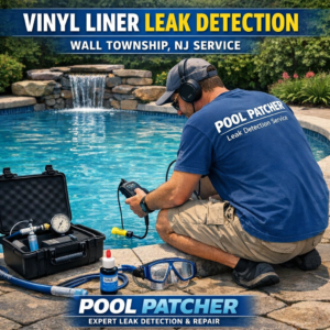 Technician inspecting a vinyl pool liner for leaks with specialized equipment in Wall Township, NJ.