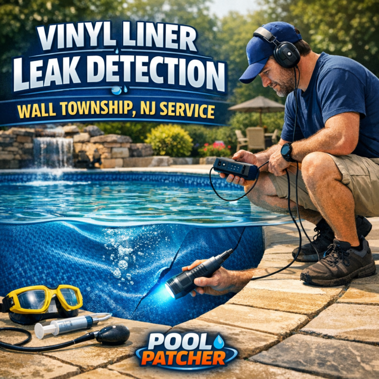 Technician inspecting a backyard pool with vinyl liner for leak detection in Wall Township, NJ.
