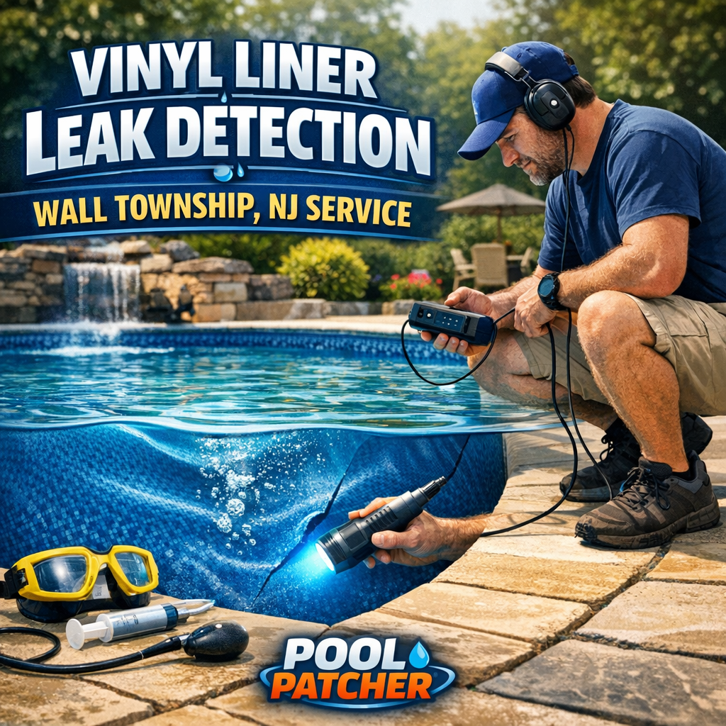Technician inspecting a backyard pool with vinyl liner for leak detection in Wall Township, NJ.